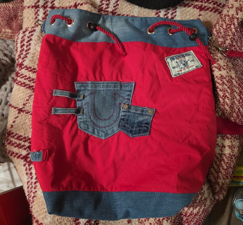True Religion Red Canvas Crossbody Bag with Denim Accents